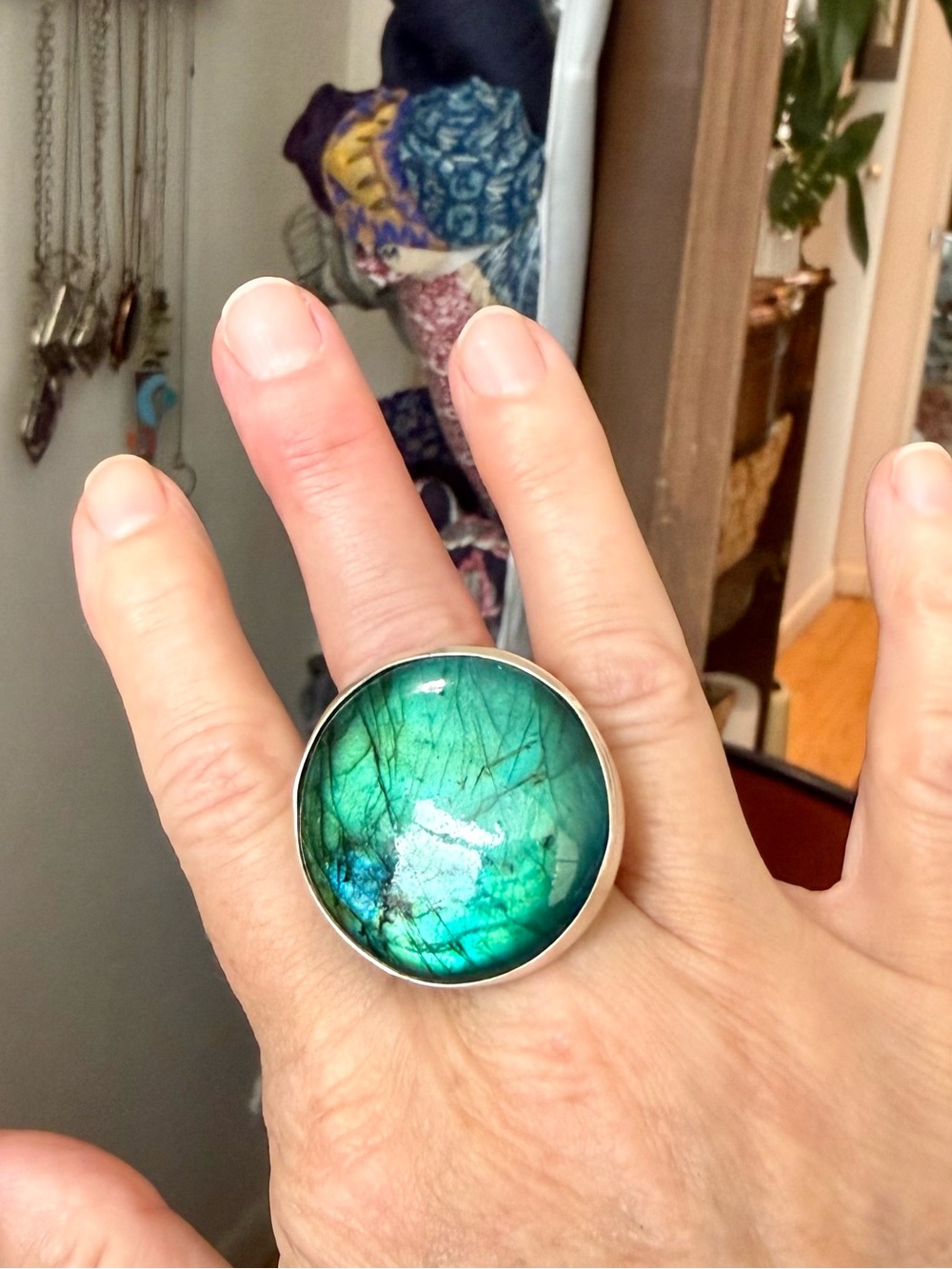 Labradorite and Silver Ring, Bright Green Flash! Size 7.5 Adjustable